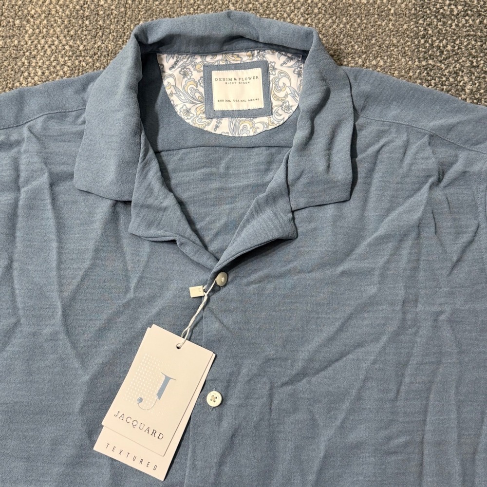Denim & Flower Ricky Singh Jacquard Textured Button‎ Up Shirt Blue 2XL